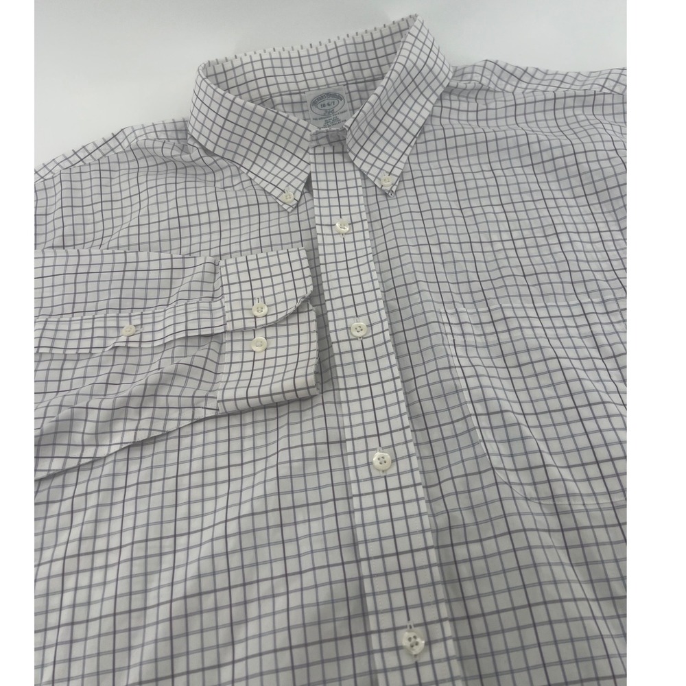 Brooks Brothers 346 Mens 18-6/7 Slim Fit Non-Iron Tattersall Check Shirt White